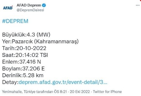 Kahramanmaraş'ta korkutan deprem! Çevre illerde de hissedildi: Kandilli AFAD 20 Ekim 2022 Deprem mi oldu, nerede, kaç şiddetinde?